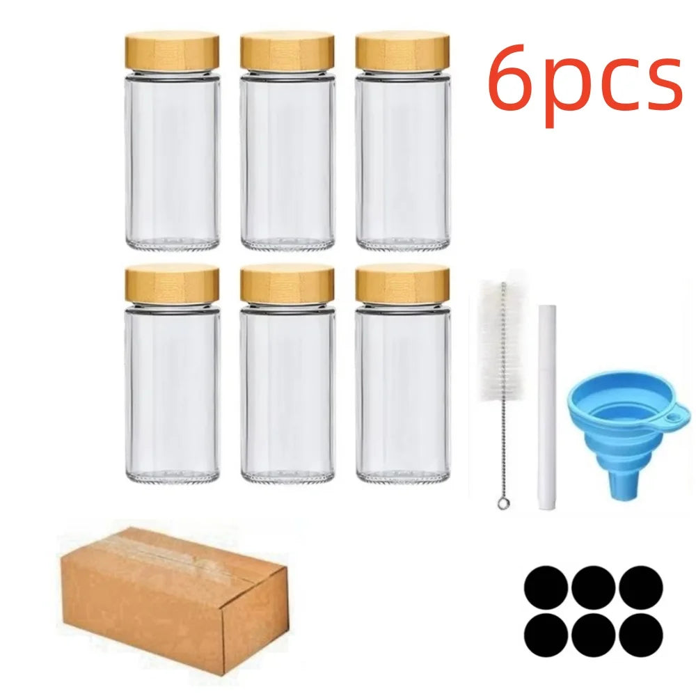 6/12/24pcs Glass Spice Jars with Bamboo Lids Or Metal Lids Include Minimalist Spice Labels Stickers Collapsible Funnel Jar Set