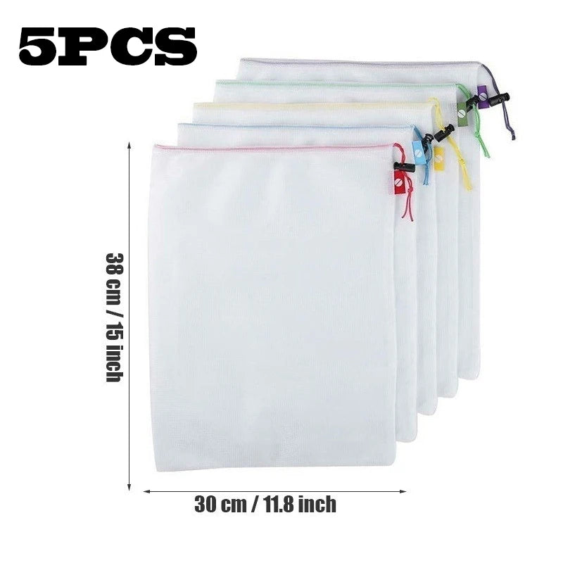 5pcs Fruit Vegetable Storage Bags Washable Reusable Net Mesh Bags Kitchen Food Organizer Toys Grocery Storage Packaging Bag