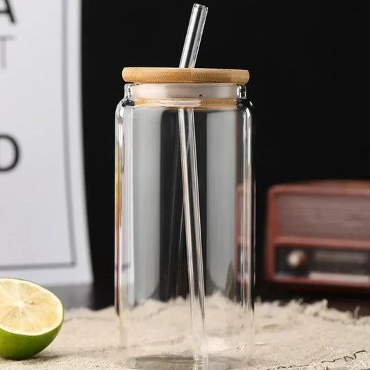 JUSTINLAU Glass Straw Cup with Dustproof Wooden Lid Heat-resisting Transparent Glass Bottle Breakfast Cola Milk Cup Holiday Gift