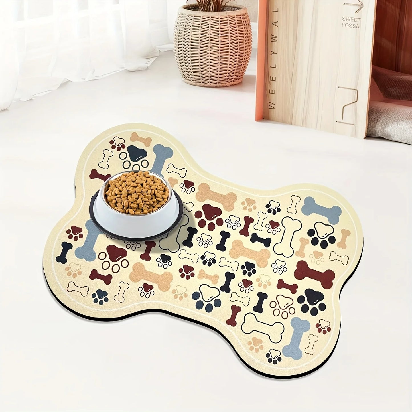 1pc Non-Slip Quick-Dry Geometric Fishbone Paw Print Dog Feeding Mat Polyester Pet Food Water Bowl Pad for Small to Medium Dogs