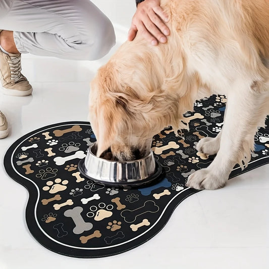 1pc Non-Slip Quick-Dry Geometric Fishbone Paw Print Dog Feeding Mat Polyester Pet Food Water Bowl Pad for Small to Medium Dogs