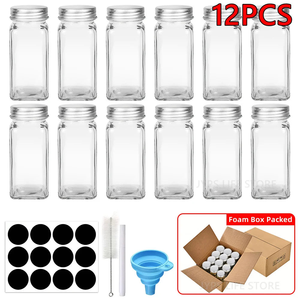 6/12/24pcs Glass Spice Jars with Bamboo Lids Or Metal Lids Include Minimalist Spice Labels Stickers Collapsible Funnel Jar Set