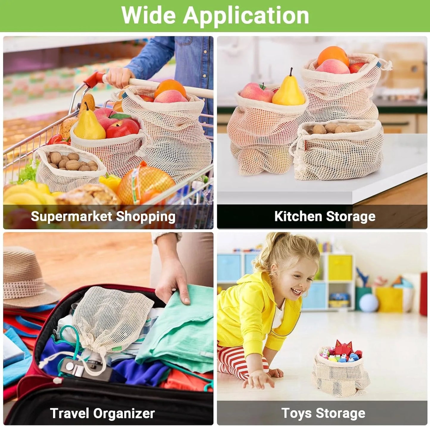 Weedi 3/6pack Reusable Cotton Mesh Produce Bags, Washable Grocery Bag Kitchen Fruit Vegetable Storage Bags Kitchen Organizer