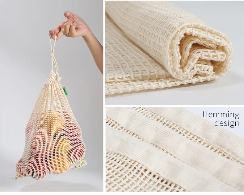 Weedi 3/6pack Reusable Cotton Mesh Produce Bags, Washable Grocery Bag Kitchen Fruit Vegetable Storage Bags Kitchen Organizer