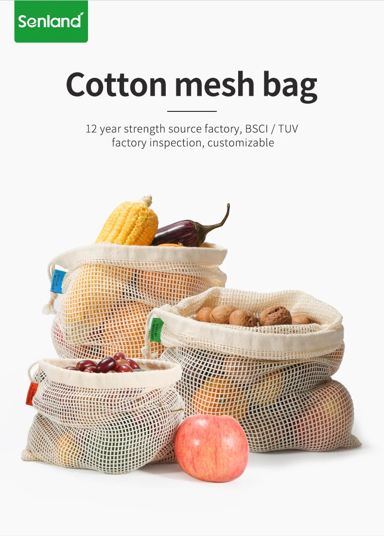 Weedi 3/6pack Reusable Cotton Mesh Produce Bags, Washable Grocery Bag Kitchen Fruit Vegetable Storage Bags Kitchen Organizer