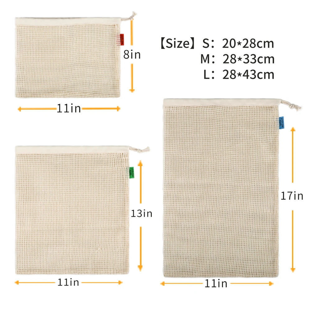 Weedi 3/6pack Reusable Cotton Mesh Produce Bags, Washable Grocery Bag Kitchen Fruit Vegetable Storage Bags Kitchen Organizer