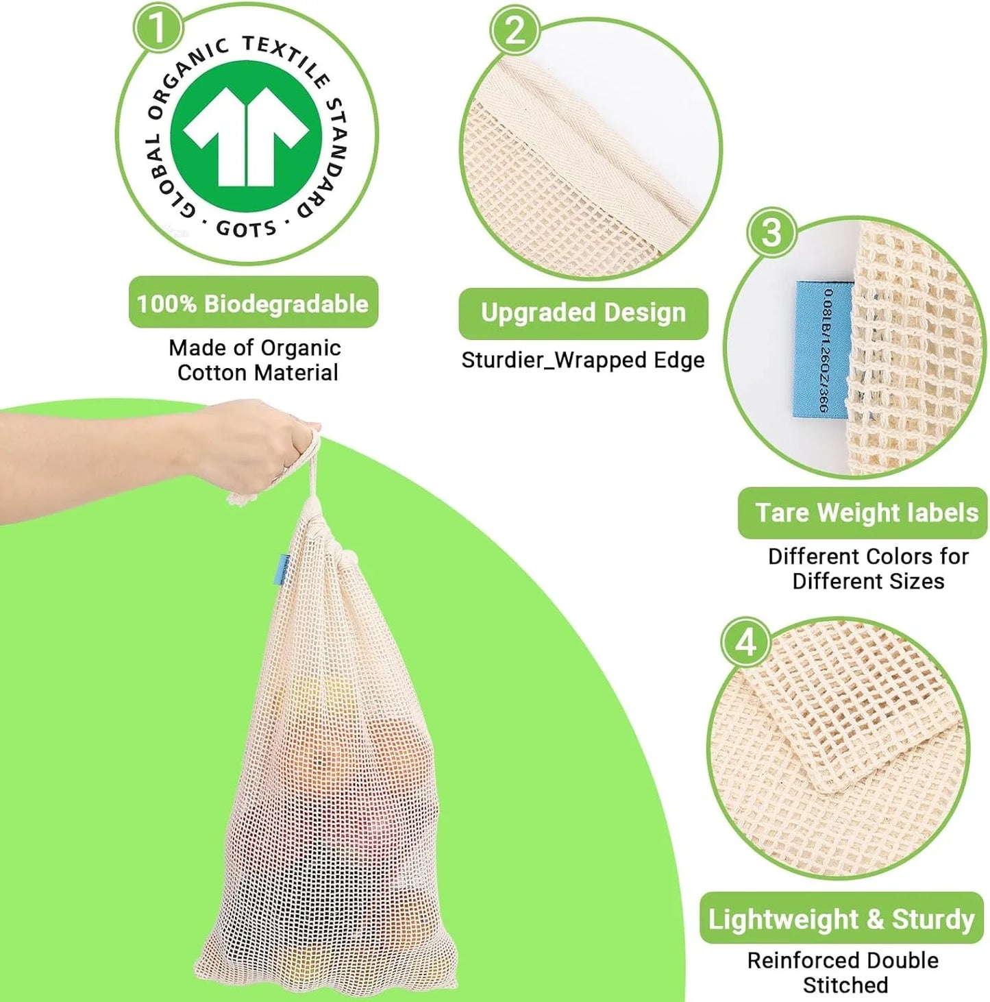 Weedi 3/6pack Reusable Cotton Mesh Produce Bags, Washable Grocery Bag Kitchen Fruit Vegetable Storage Bags Kitchen Organizer