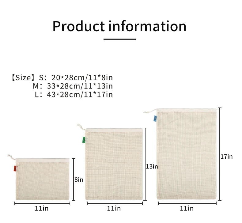 Weedi 3/6pack Reusable Cotton Mesh Produce Bags, Washable Grocery Bag Kitchen Fruit Vegetable Storage Bags Kitchen Organizer