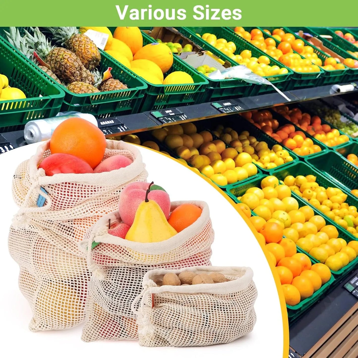 Weedi 3/6pack Reusable Cotton Mesh Produce Bags, Washable Grocery Bag Kitchen Fruit Vegetable Storage Bags Kitchen Organizer