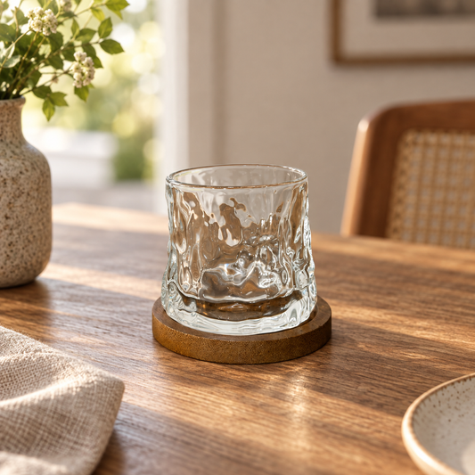 Vaso giratorio de vidrio diseño corteza con posavasos, fotografía ambientada del producto RM48-14