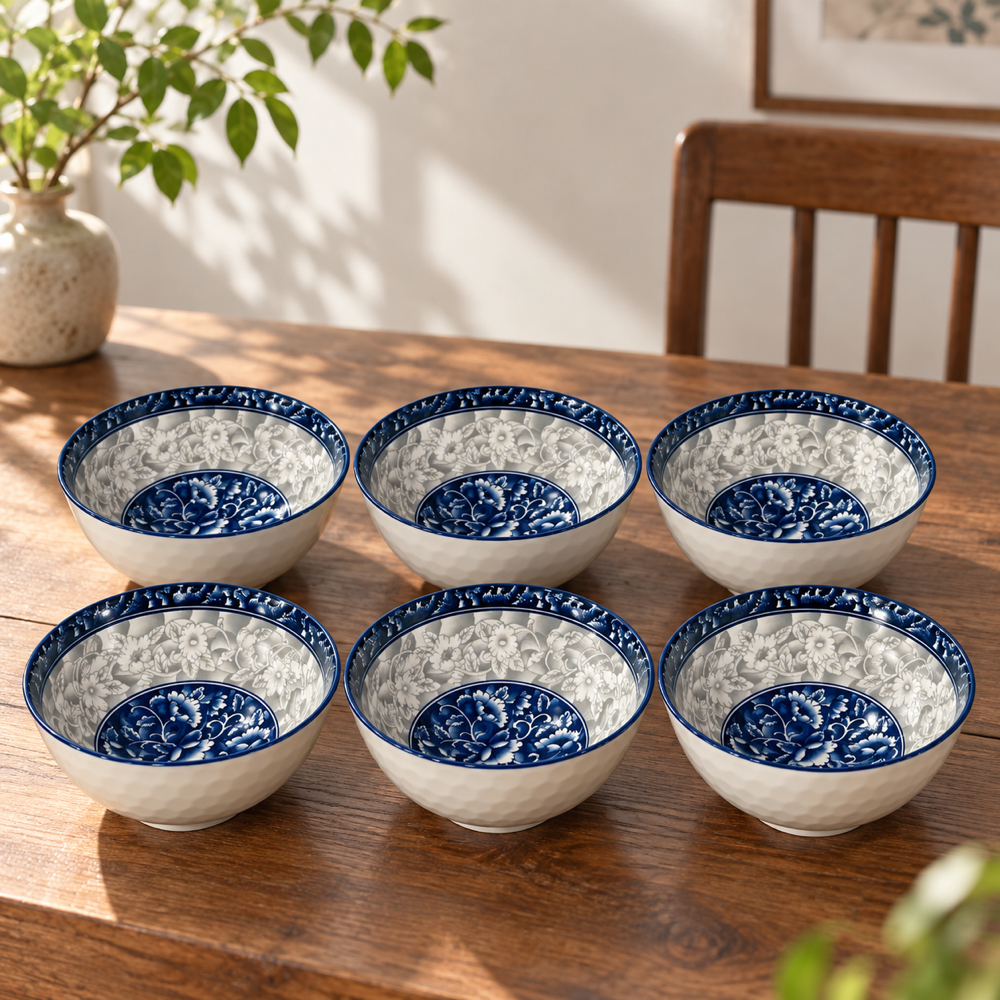 Set x6 cuencos de porcelana Flores Azules, fotografía ambientada del producto RM48-21