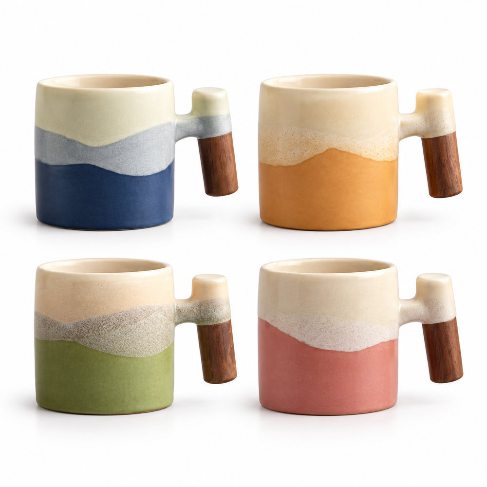 Taza de cerámica con asa de madera, fotografía de estudio con fondo blanco, RM48-7