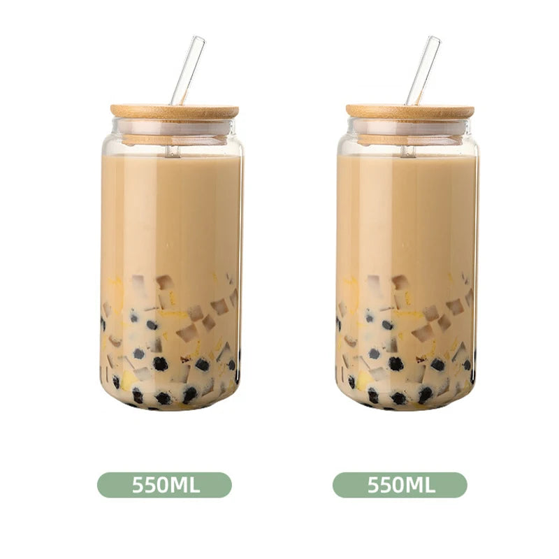 JUSTINLAU Glass Straw Cup with Dustproof Wooden Lid Heat-resisting Transparent Glass Bottle Breakfast Cola Milk Cup Holiday Gift