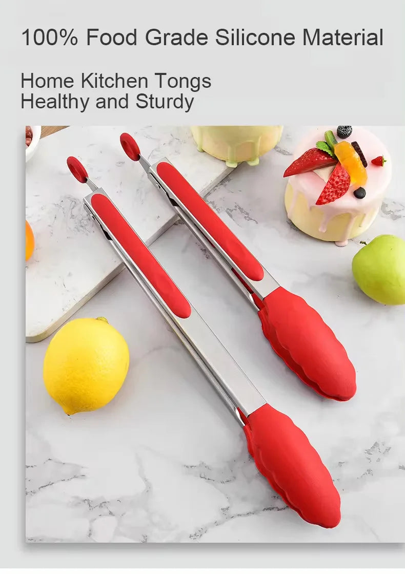 9 and 12 Inch Silicone Head Stainless Steel Bread and Salad Tongs Set Classic Novel Design for Everyday Dining for Restaurants