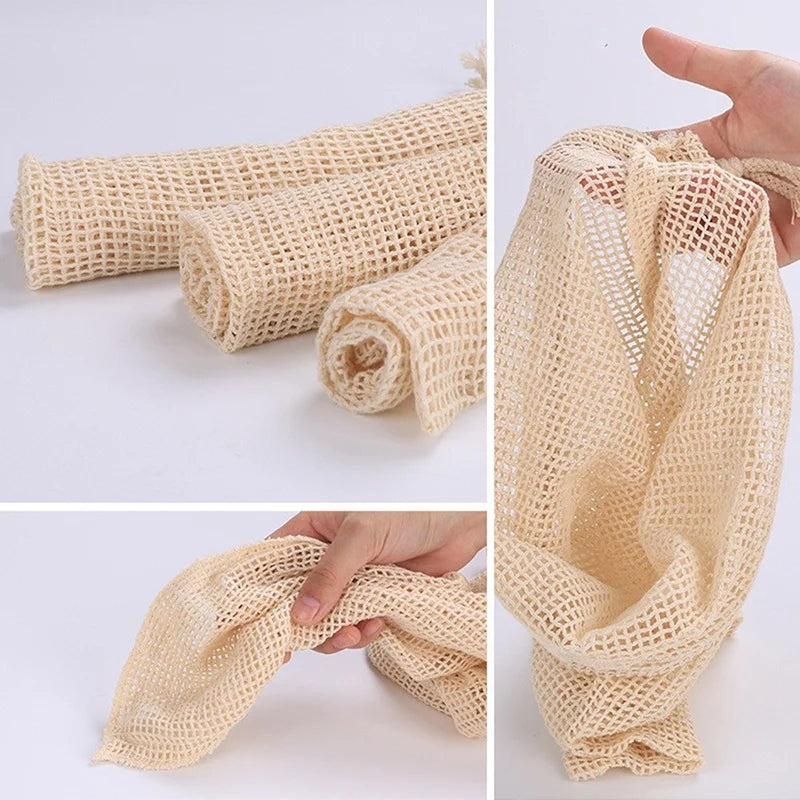 3pcs Reusable Cotton Mesh Produce Shopping Bags Washable Eco Premium Net mesh Bags for Veggie Fruit Vegetable Grocery Storage