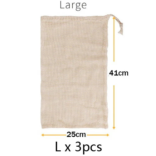 3pcs Reusable Cotton Mesh Produce Shopping Bags Washable Eco Premium Net mesh Bags for Veggie Fruit Vegetable Grocery Storage