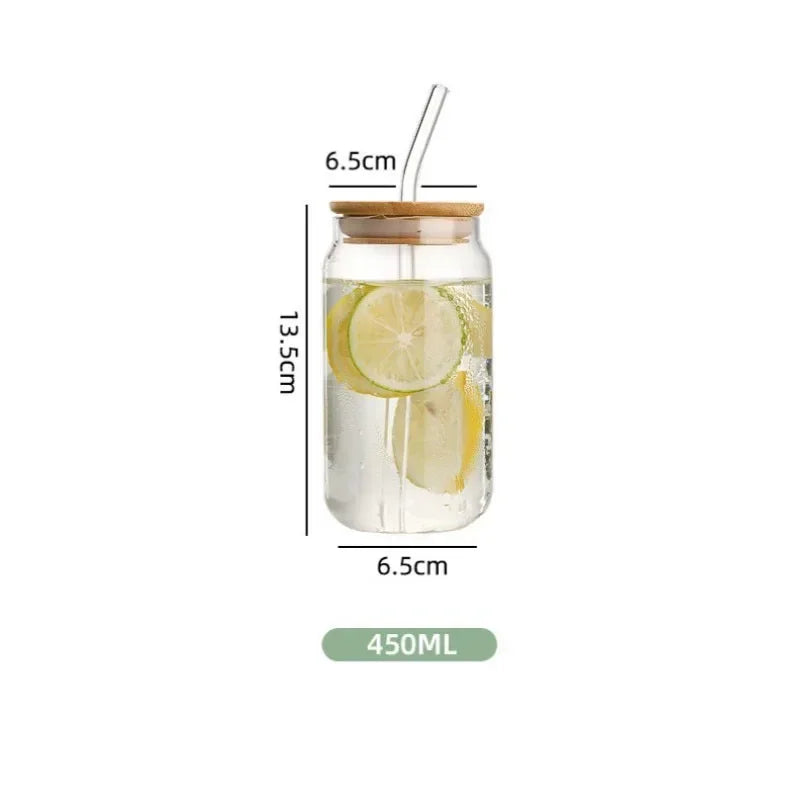 JUSTINLAU Glass Straw Cup with Dustproof Wooden Lid Heat-resisting Transparent Glass Bottle Breakfast Cola Milk Cup Holiday Gift