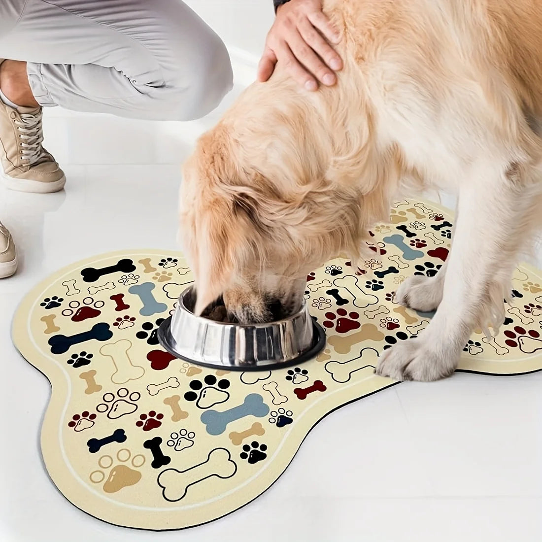 1pc Non-Slip Quick-Dry Geometric Fishbone Paw Print Dog Feeding Mat Polyester Pet Food Water Bowl Pad for Small to Medium Dogs