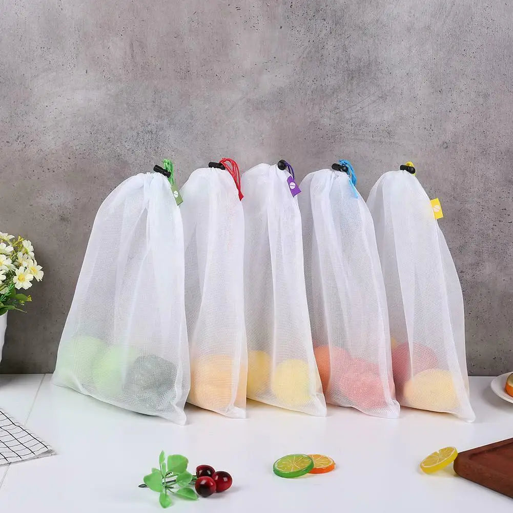 5pcs Fruit Vegetable Storage Bags Washable Reusable Net Mesh Bags Kitchen Food Organizer Toys Grocery Storage Packaging Bag