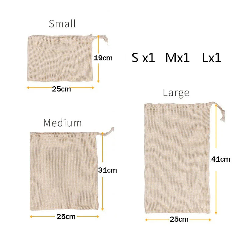 3pcs Reusable Cotton Mesh Produce Shopping Bags Washable Eco Premium Net mesh Bags for Veggie Fruit Vegetable Grocery Storage