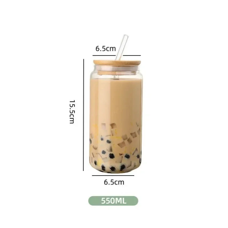 JUSTINLAU Glass Straw Cup with Dustproof Wooden Lid Heat-resisting Transparent Glass Bottle Breakfast Cola Milk Cup Holiday Gift