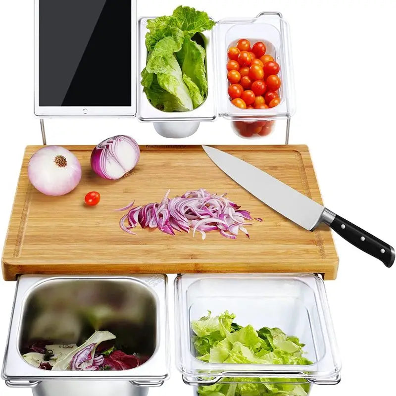 2025 Expandable Bamboo Cutting Board Set with Trays and Box for Kitchen Juice Trough Cutting Board Tools Storing Chopped Food