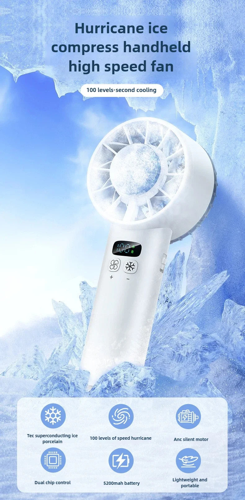 5200mah Ice Compress Fan High-speed Cooling Handheld USB Rechargeable Portable LED Digital Display For Travel Outdoor