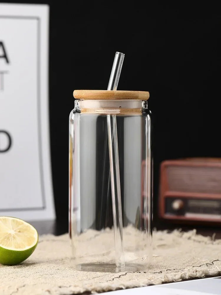 JUSTINLAU Glass Straw Cup with Dustproof Wooden Lid Heat-resisting Transparent Glass Bottle Breakfast Cola Milk Cup Holiday Gift