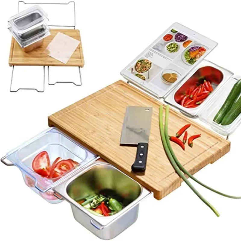 2025 Expandable Bamboo Cutting Board Set with Trays and Box for Kitchen Juice Trough Cutting Board Tools Storing Chopped Food