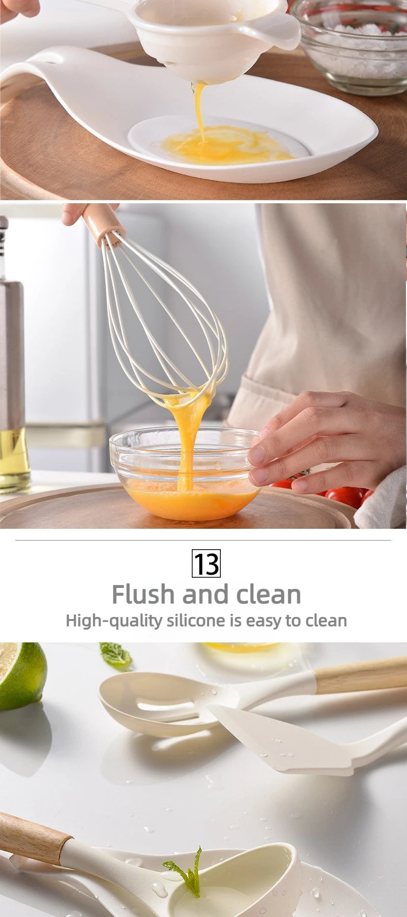 12Pcs Silicone Kitchen Utensils Set Heat Resistant Wooden Handle Non-Stick Cookware Tools Spatula Ladle Whisk Tongs for Cooking