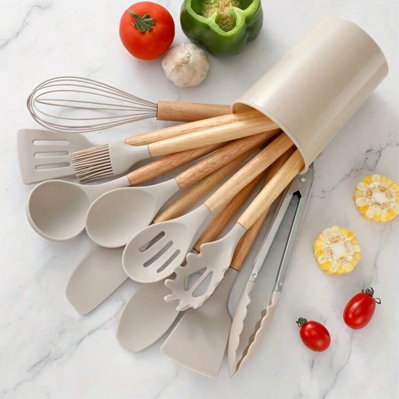 12Pcs Silicone Kitchen Utensils Set Heat Resistant Wooden Handle Non-Stick Cookware Tools Spatula Ladle Whisk Tongs for Cooking