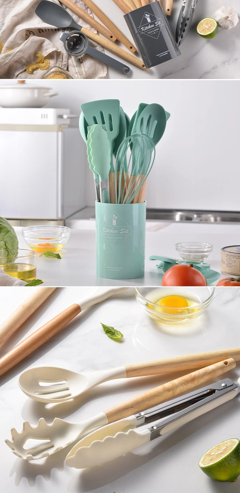 12Pcs Silicone Kitchen Utensils Set Heat Resistant Wooden Handle Non-Stick Cookware Tools Spatula Ladle Whisk Tongs for Cooking