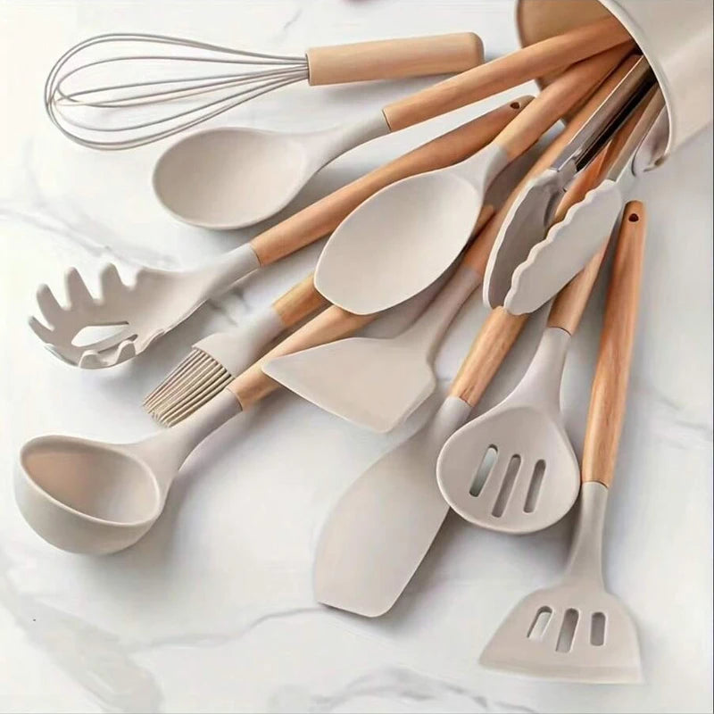 12Pcs Silicone Kitchen Utensils Set Heat Resistant Wooden Handle Non-Stick Cookware Tools Spatula Ladle Whisk Tongs for Cooking