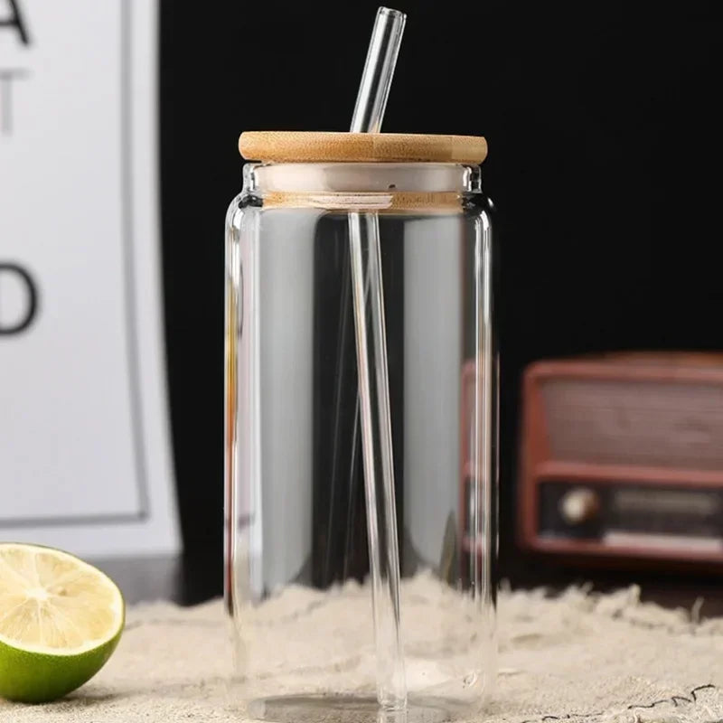JUSTINLAU Glass Straw Cup with Dustproof Wooden Lid Heat-resisting Transparent Glass Bottle Breakfast Cola Milk Cup Holiday Gift
