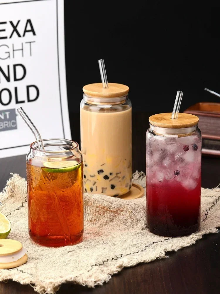 JUSTINLAU Glass Straw Cup with Dustproof Wooden Lid Heat-resisting Transparent Glass Bottle Breakfast Cola Milk Cup Holiday Gift