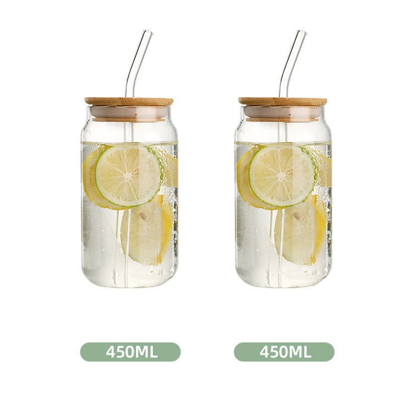 JUSTINLAU Glass Straw Cup with Dustproof Wooden Lid Heat-resisting Transparent Glass Bottle Breakfast Cola Milk Cup Holiday Gift