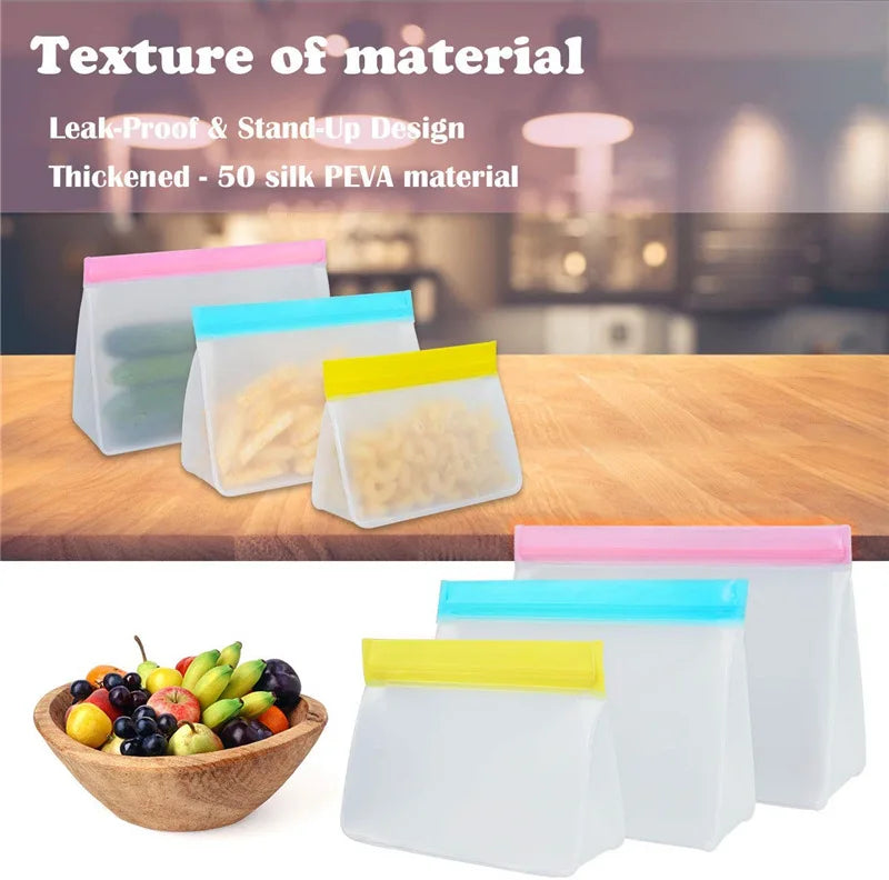Reusable Silicone Food Bag Freezer Stand Up Fresh-keeping Bag Food Fruit Storage Bag Kitchen Leakproof Fresh Shut Bags BPA Free