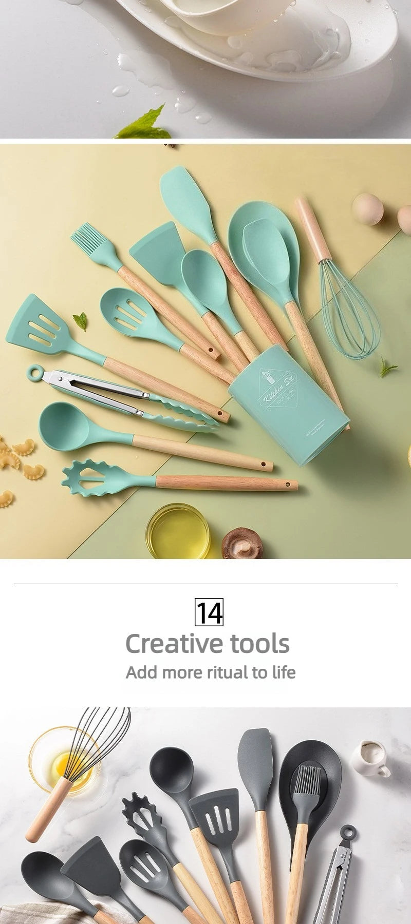 12Pcs Silicone Kitchen Utensils Set Heat Resistant Wooden Handle Non-Stick Cookware Tools Spatula Ladle Whisk Tongs for Cooking