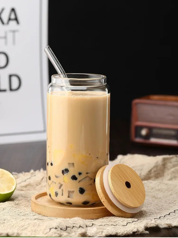 JUSTINLAU Glass Straw Cup with Dustproof Wooden Lid Heat-resisting Transparent Glass Bottle Breakfast Cola Milk Cup Holiday Gift