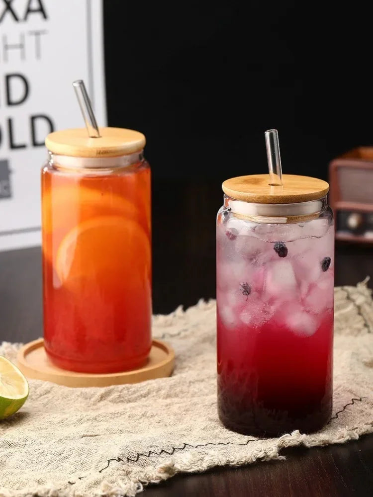 JUSTINLAU Glass Straw Cup with Dustproof Wooden Lid Heat-resisting Transparent Glass Bottle Breakfast Cola Milk Cup Holiday Gift