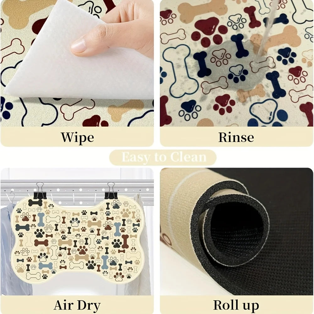 1pc Non-Slip Quick-Dry Geometric Fishbone Paw Print Dog Feeding Mat Polyester Pet Food Water Bowl Pad for Small to Medium Dogs