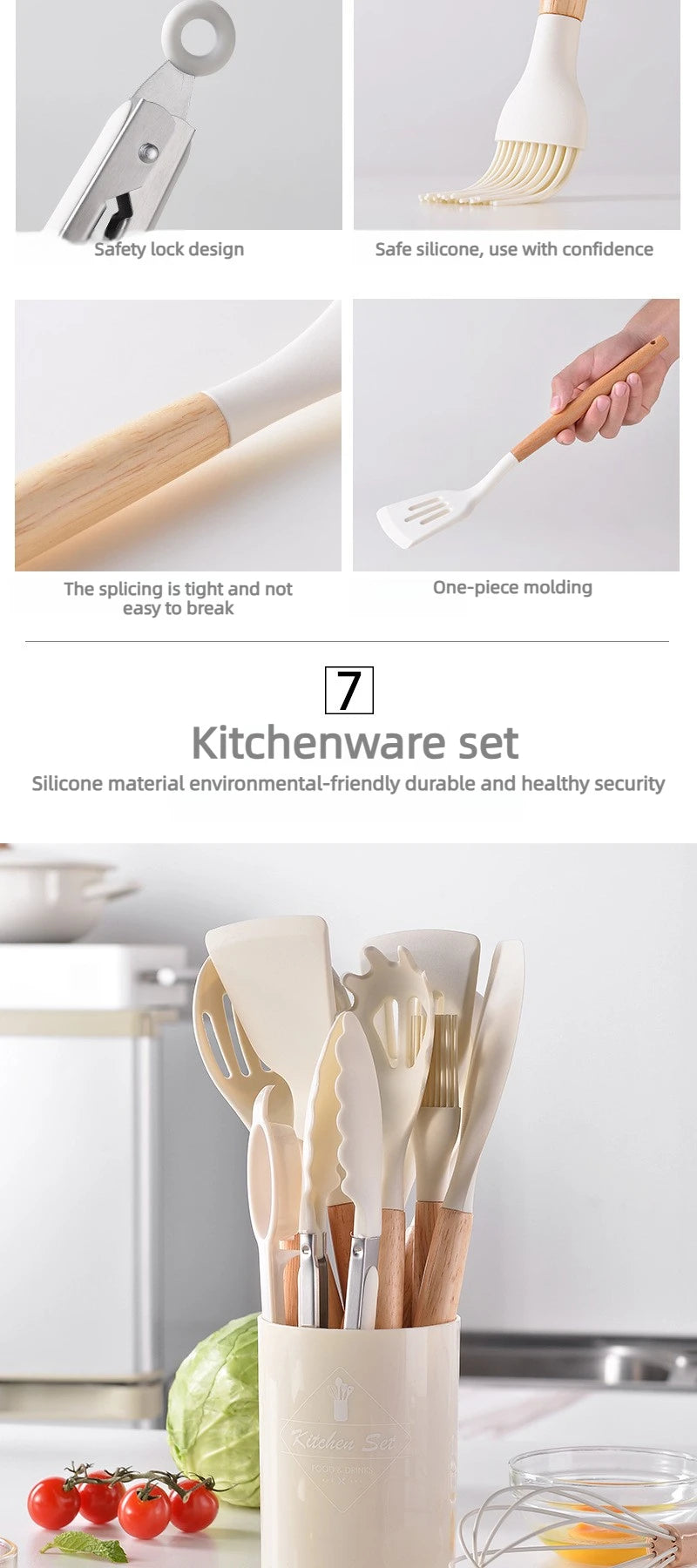 12Pcs Silicone Kitchen Utensils Set Heat Resistant Wooden Handle Non-Stick Cookware Tools Spatula Ladle Whisk Tongs for Cooking