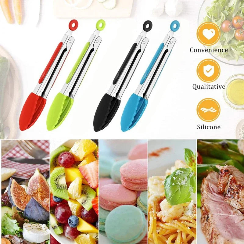 1Pc Silicone Food Tongs Stainless Steel Kitchen Tongs Silicone Non-Slip Cooking Clip Clamp Bbq Salad Tools Grill Kitchen Tools