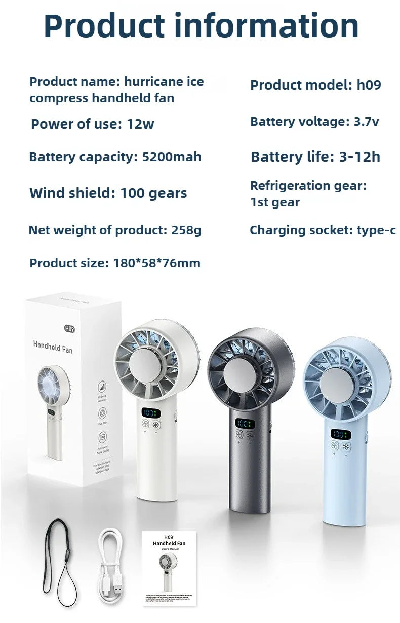 5200mah Ice Compress Fan High-speed Cooling Handheld USB Rechargeable Portable LED Digital Display For Travel Outdoor