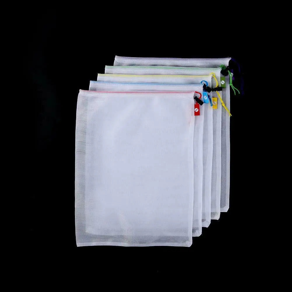 5pcs Fruit Vegetable Storage Bags Washable Reusable Net Mesh Bags Kitchen Food Organizer Toys Grocery Storage Packaging Bag
