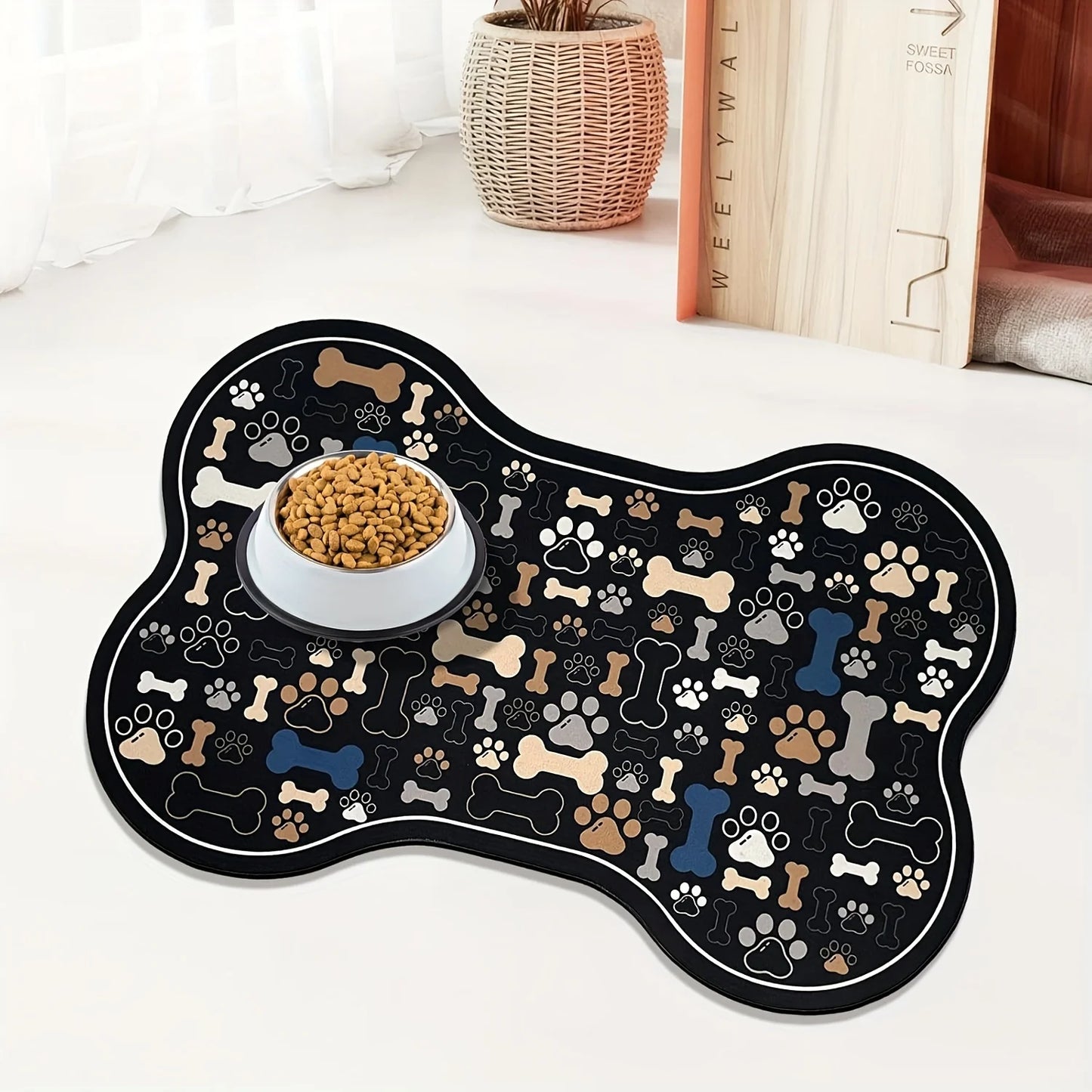 1pc Non-Slip Quick-Dry Geometric Fishbone Paw Print Dog Feeding Mat Polyester Pet Food Water Bowl Pad for Small to Medium Dogs