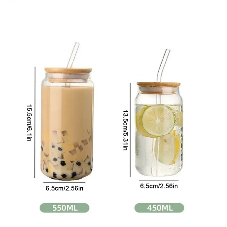 JUSTINLAU Glass Straw Cup with Dustproof Wooden Lid Heat-resisting Transparent Glass Bottle Breakfast Cola Milk Cup Holiday Gift