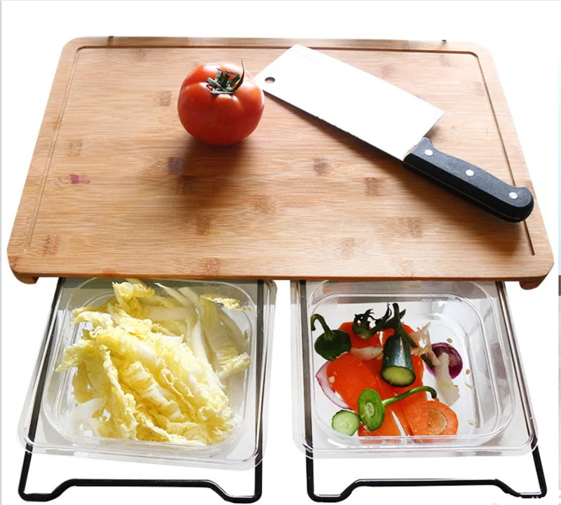 2025 Expandable Bamboo Cutting Board Set with Trays and Box for Kitchen Juice Trough Cutting Board Tools Storing Chopped Food