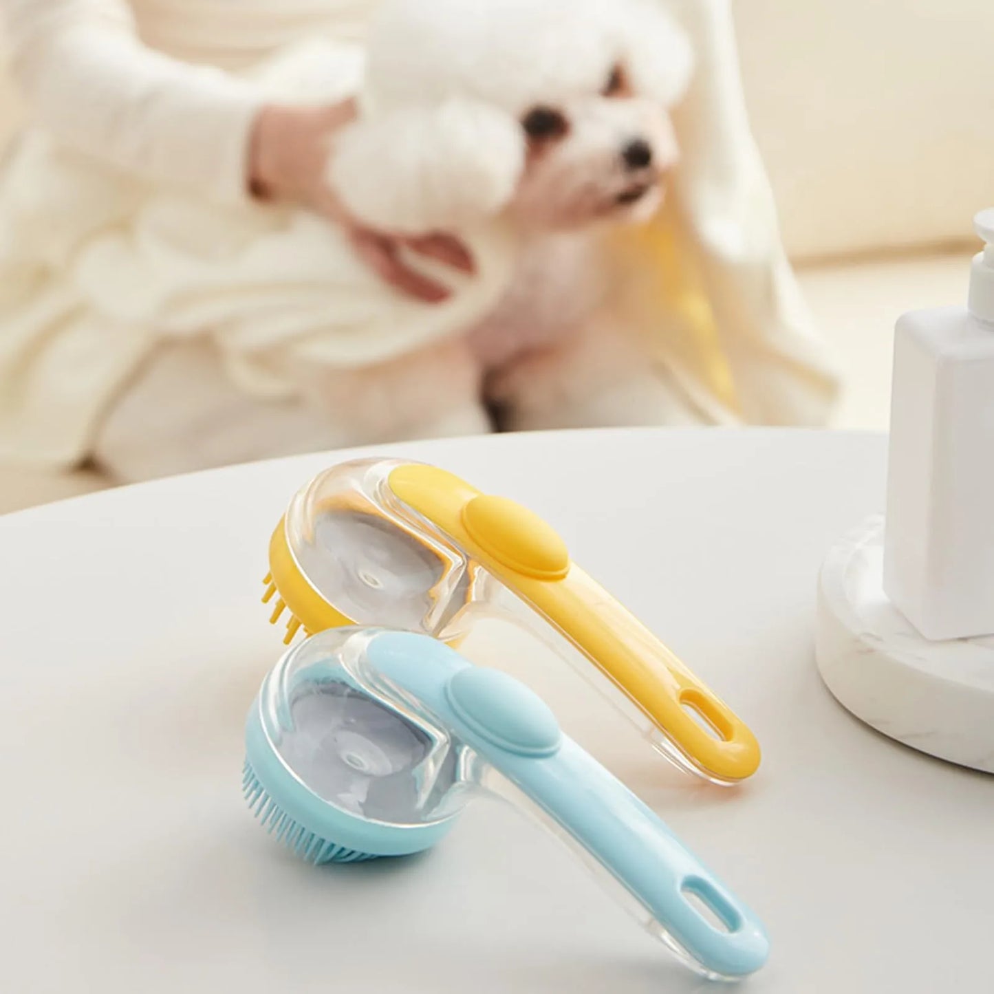 1pc Pet Bath Brush Soft Silicone Long Handle With Shampoo Dispenser Gentle Massage For Grooming And Cleaning Fur And Hair
