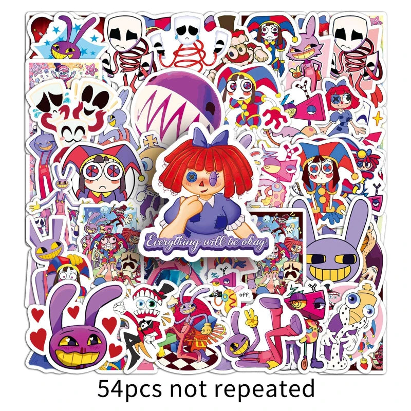 54 PCS The Amazing Digital Circus Sticker Cartoon Skateboard Water Cup Decoration Graffiti Sticker Children’s Toy Birthday Gift